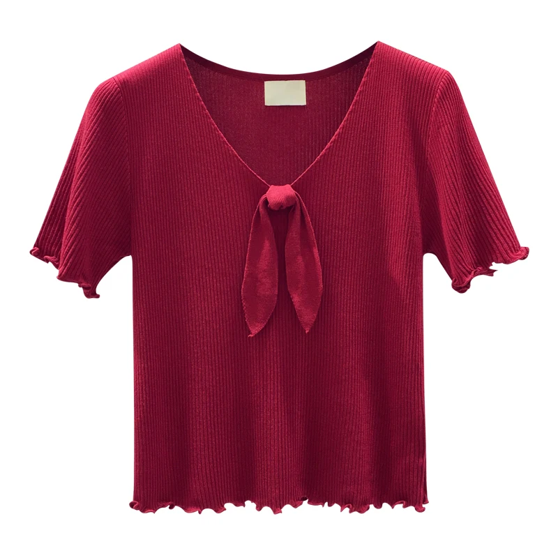 Женская хлопковая повседневная трикотажная футболка с коротким рукавом и бантом