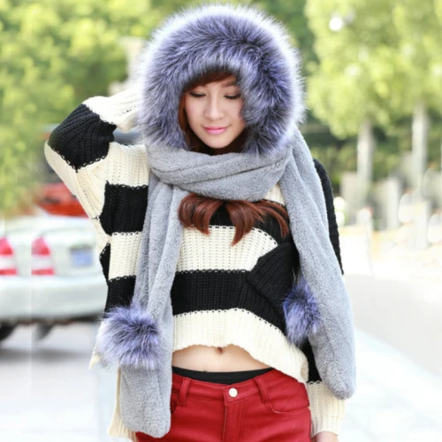 Long Grey Style SH004 новые женские зимние шапки однотонные простые дамские теплые шляпы из искусственного меха женские толстые зимние наборы 3 в 1 женский шарф шапка наборы перчаток - Цвет: Long Grey Style