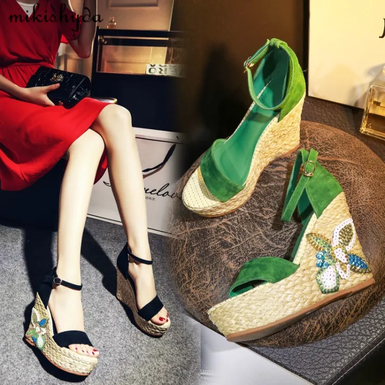 Женские сандалии на платформе эспадрильи толстой подошве модная обувь в полоску