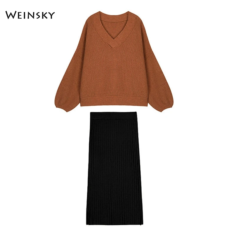 Женский свитер и платье пуловер Weinsky офисный модный из двух предметов с V образным