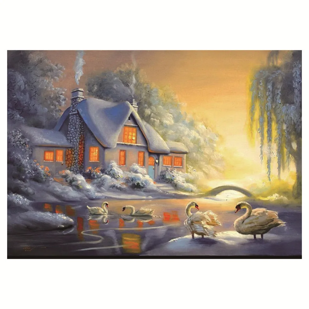 5D Снежный домик и лебеди Алмазная Вышивка Сделай Сам деревня лебедь картина