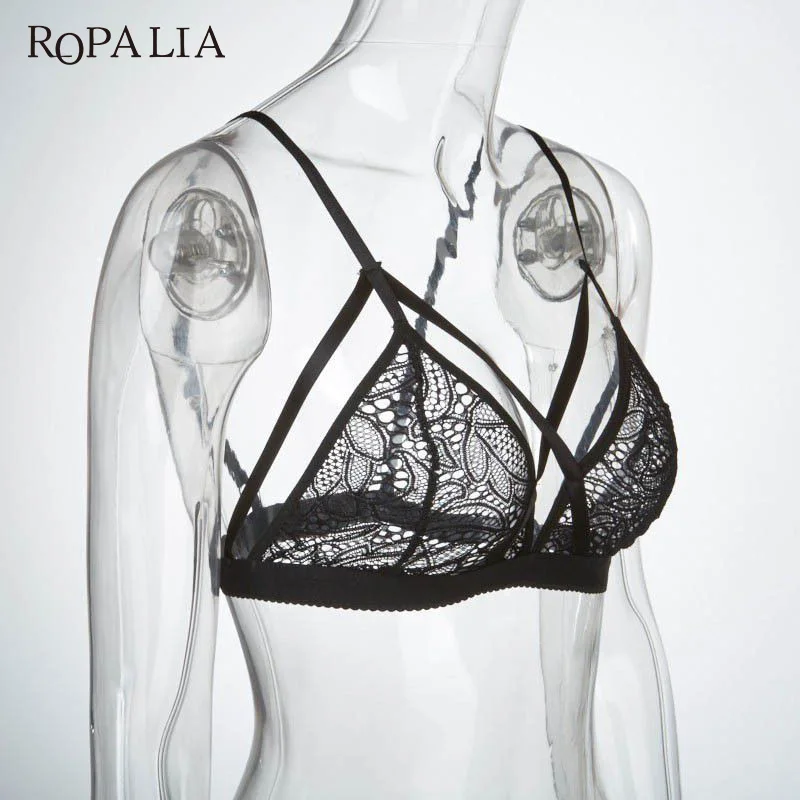 ROPALIA Sexy Lined Mesh lace Triangle Floral bras Crop Bras Top transparent Bustier Unpadded for Women | Женская одежда