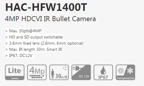Dahua HAC-HFW1400T 4MP HDCVI IR Bullet камера 4MP IR 30m IP67 Водонепроницаемый HAC-HFW1400TP заменить HAC-HFW1400D CCTV камера