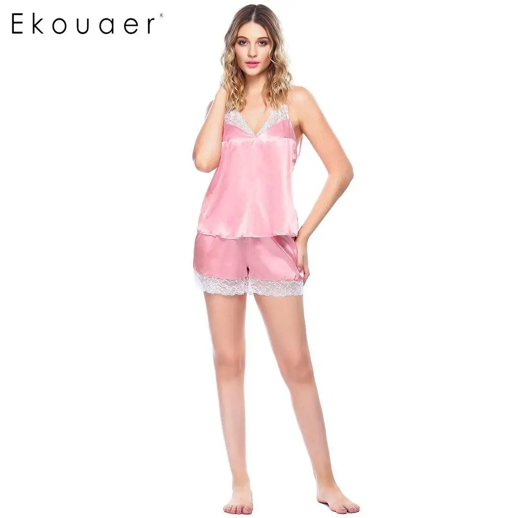 Женский пижамный комплект Ekouaer из сатина с тонкими бретельками и