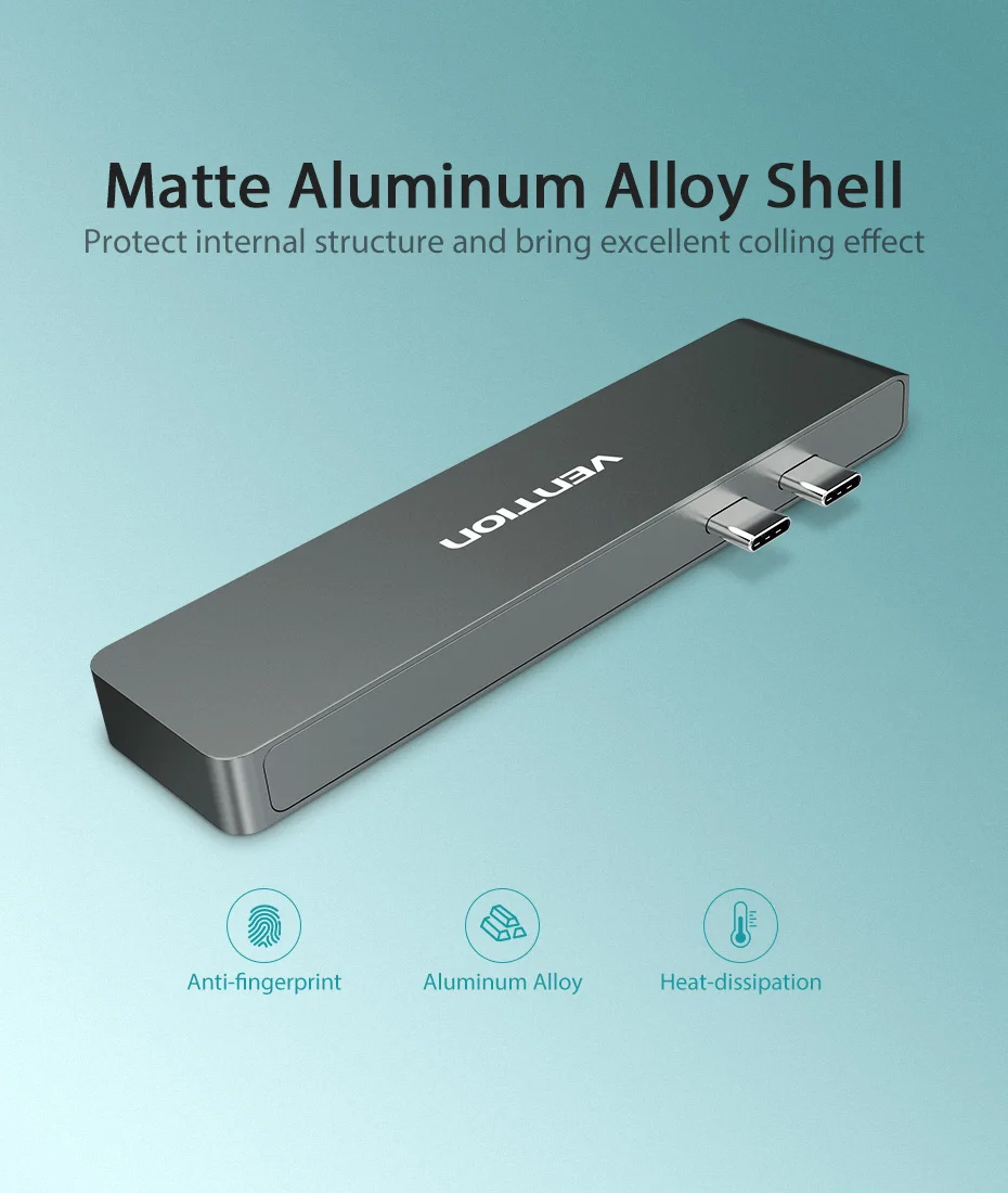 Адаптер Vention USB C с двумя портами type-C-HDMI 4K USB 3,0 SD/TF PD Thunderbolt 3 для MacBook Pro Air / type-C