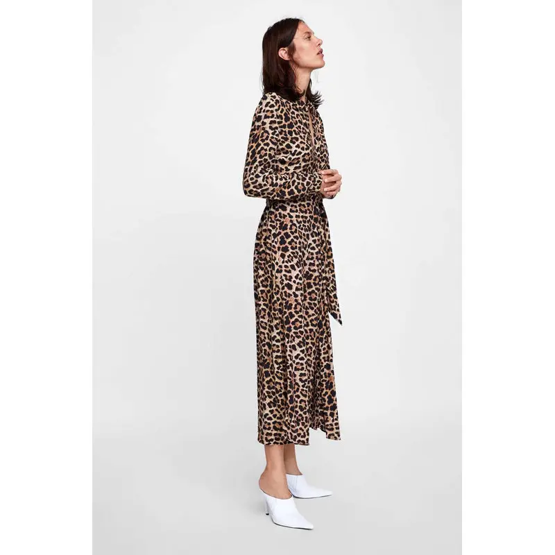 2018 Autumn New Women Leopard Print Maxi Dress Bow Tie Sashes Long Sleeve Retro Ladies Casual Chic Female Dresses Vestidos Женская