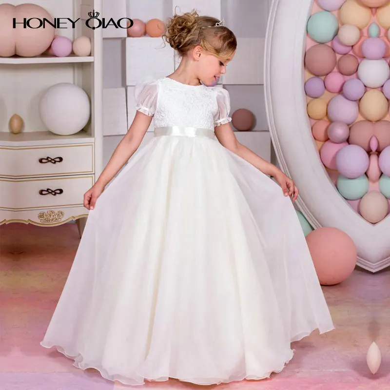 Мед Цяо 2017 Цветок Девочки Платья Белый Кот Шифон Принцесса Рукава