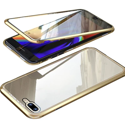 Магнитная металлическая рамка для телефона чехол для iPhone 7 8 7 p 8 p x xs max xr 360 полная защита двусторонний противоударный чехол из закаленного стекла - Цвет: Gold