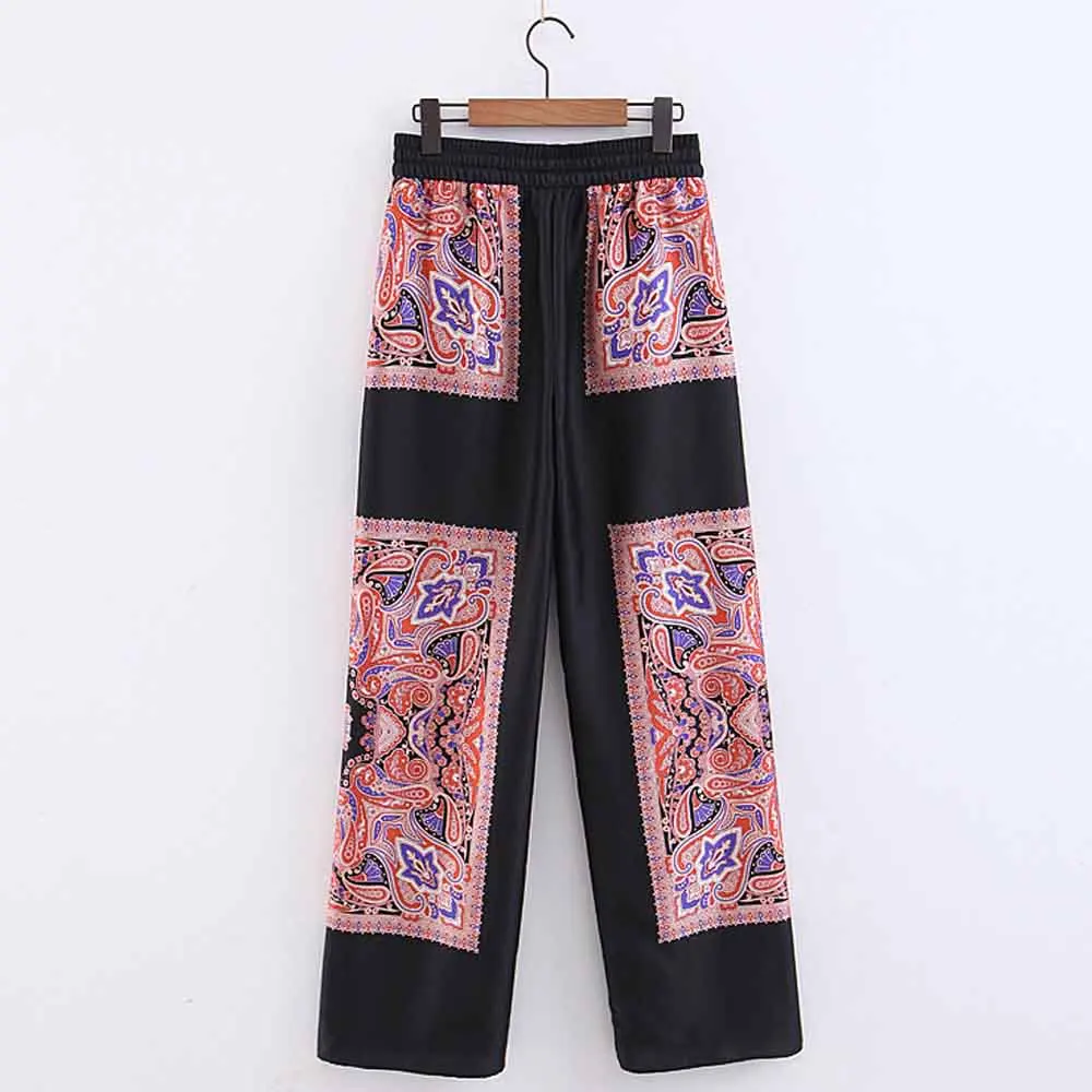 Винтажные прямые брюки контрастных цветов с цветочным принтом кешью и карманами