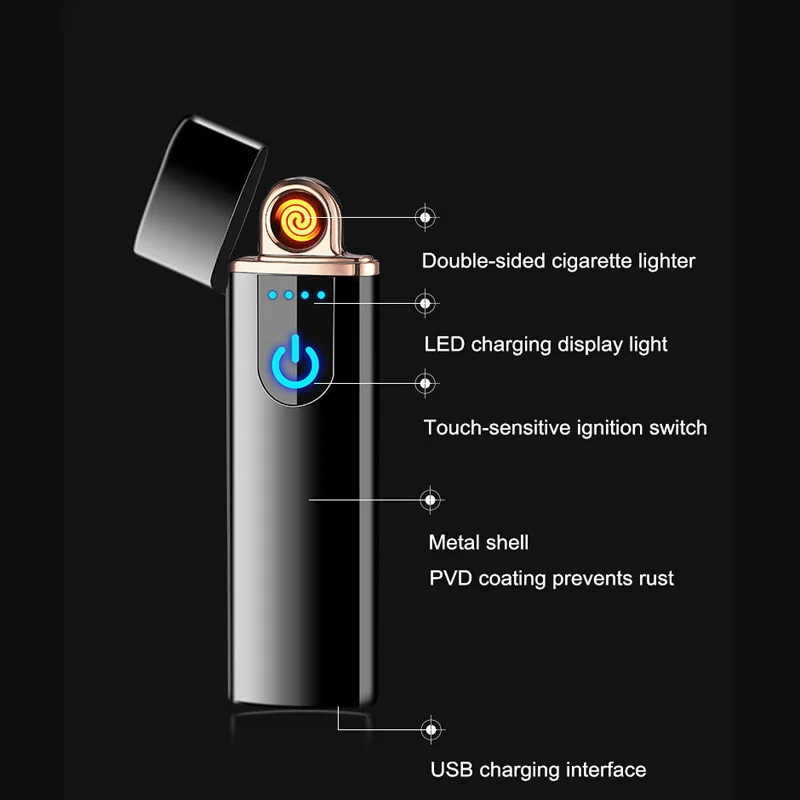 Металлическая электрическая зажигалка перезаряжаемая от USB беспламенная