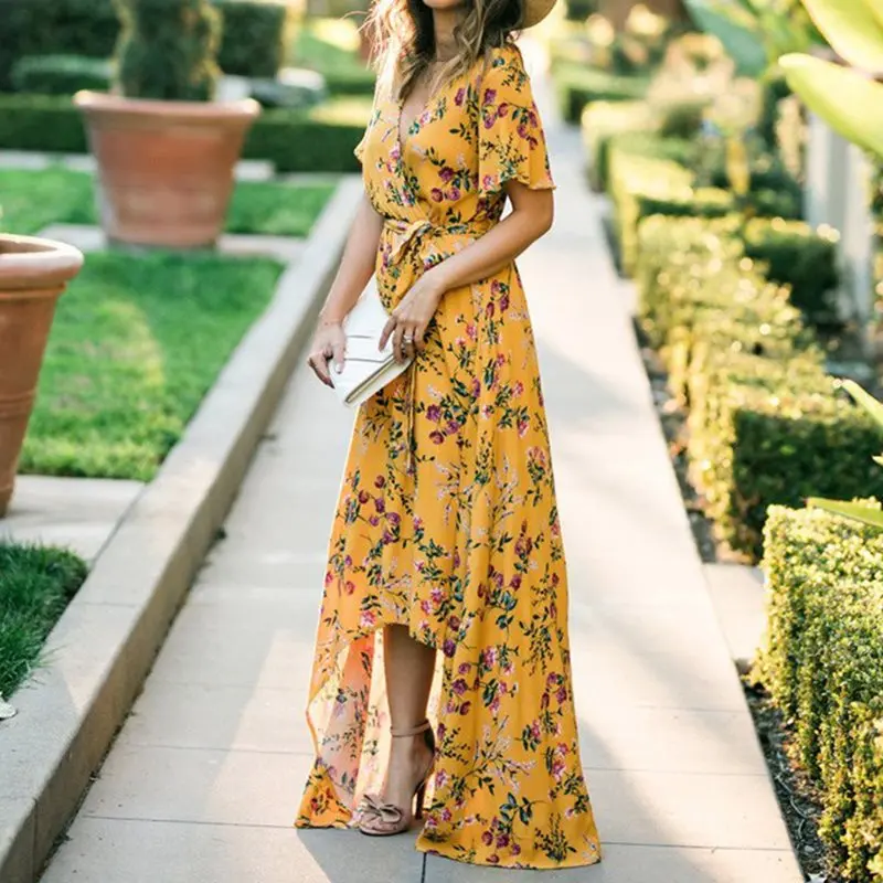 2019 Boho Модное Элегантное макси платье с цветочным принтом женское высокой талией