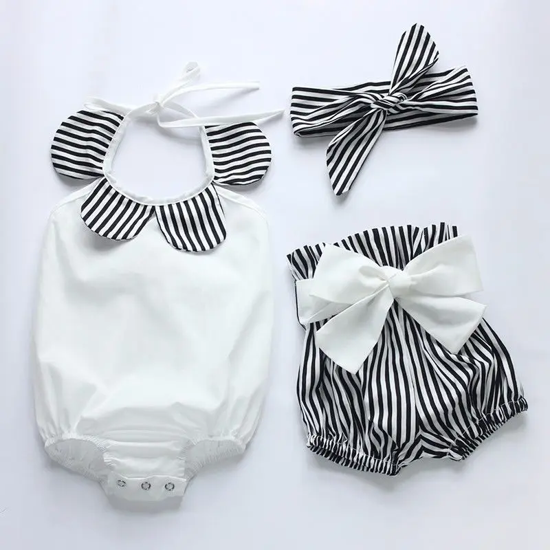 

Emmababy New Kids Baby Clothes Girl Tops Romper Striped Shorts 3pcs Outfits Set