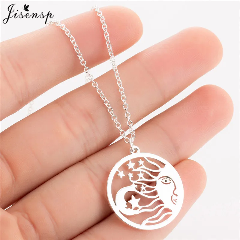 Jisensp Unique Round Sun Moon and Stars Pendant Necklace for Women Gothic Style Star Long Chain Jewelry Gift | Украшения и