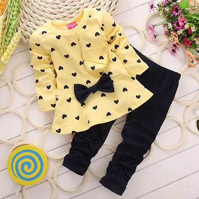 

Children Baby Girl Heart-shaped Bow 2PCS Clothes Set Outfits Top Sweater + Pants