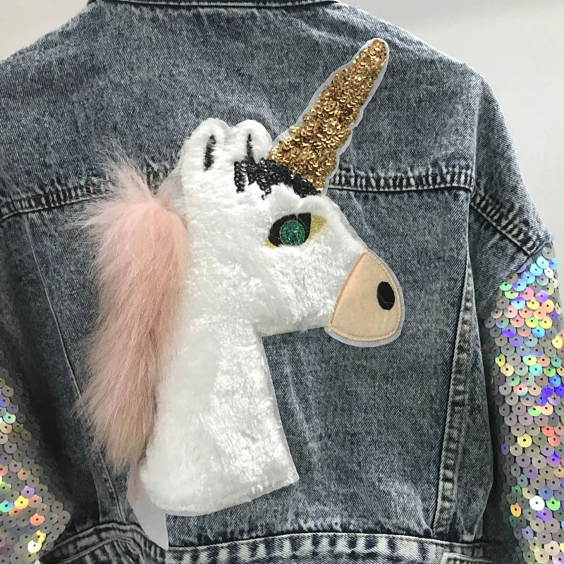 Корейская мода Kawaii Единорог Вышивка блесток куртка для женщин Весна Осень обрезанная джинсовая куртка джинсовое пальто