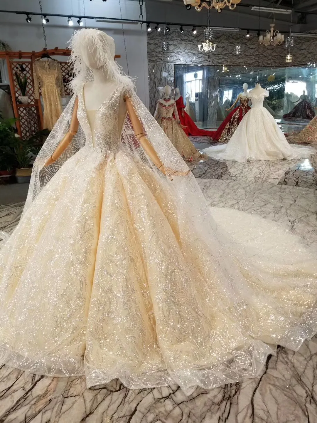 

Bridal Shiny Voile Wedding Dress Lace Up Back Deep V Neck Crystal Illusion Mesh Beading Tassel Princess Fantasy Bridal Ball Gown
