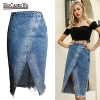hcyo women midi skirts high waist large size cotton jeans skirt women casual tassels washed denim skirts sexy split midi skirt