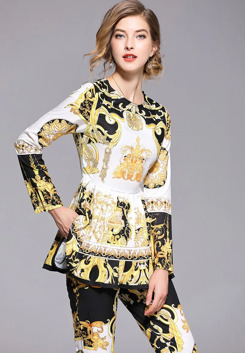 

2018 spring Fashion Designer Runway Suit Set Women's Long Sleeve Pattern Print Pullover Top + Vintage Pants Two-Pieces Set
