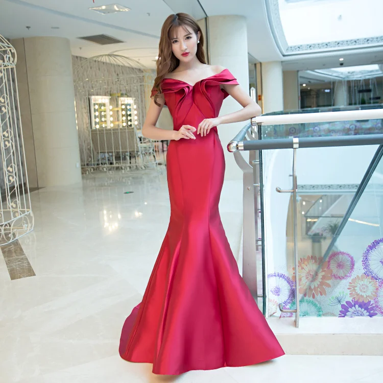 Wine red Роскошный SSYFashion Королевский синий атласный Сексуальный рыбий хвост вечернее платье невесты тонкий банкет с открытыми плечами на шнуровке длинное платье для выпускного вечера - Цвет: Wine red