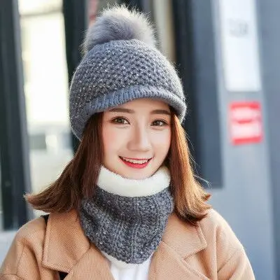 gray scarf hat SUOGRY женские зимние теплые толстые бархатные лыжный вязаная шапка и шарф 2 шт. для обувь девочек Круглая Шапочка Шапка Кепка Женский - Цвет: gray scarf hat