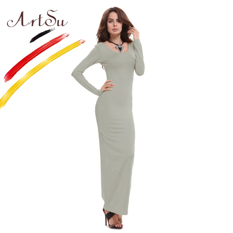 

ArtSu Basic Cotton Women Maxi Dress Vestidos 2017 New Autumn Winter Long Dress Casual Vestido Ladies Slim Dresses Robe ASDR20247