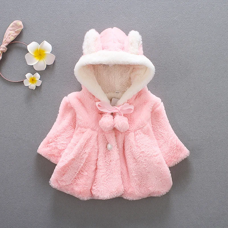 Faux Fur Coats for Baby Girls Autumn Winter Rabbit Hooded Clothing Children Outwear Little Girl Kids Costume with big bow 0-3Y | Детская