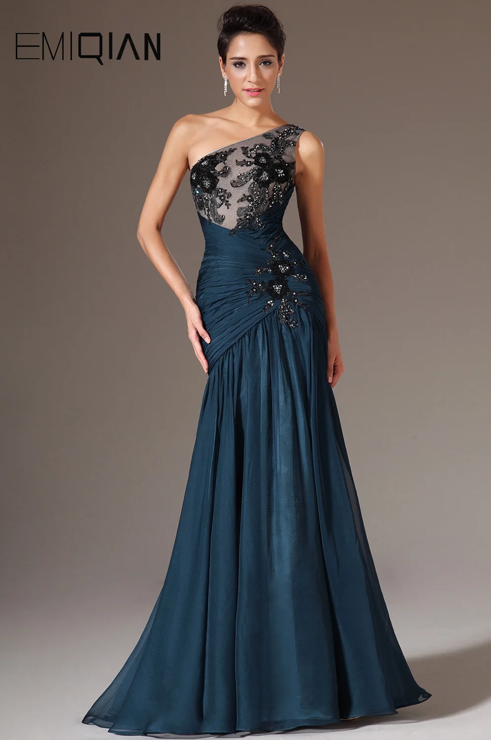 Dark Blue Chiffon Evening Gowns,One Shoulder Mermaid Evening Dresses,Black Lace Applique Long Formal Evening Party Gowns