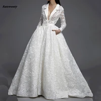 special design lace long sleeves chic wedding dress ball gowns venice lace puffy illusion removable 2 pieces bridal dress