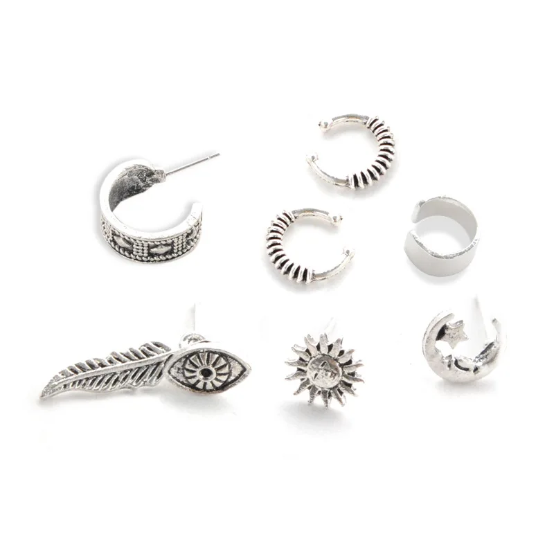 Набор богемных винтажных серег 7 шт./компл. серьги-гвоздики с перьями солнцем