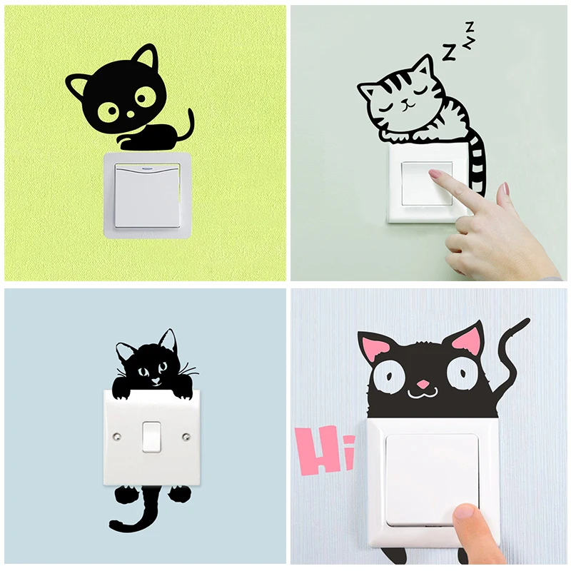 

cute black sleeping cat switch stickers bathroom toilet decor cartoon animal wall art decals children home decor diy wall mural