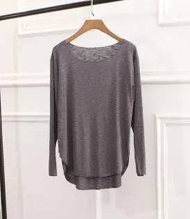 dark gray Бамбуковое волокно, хлопок, удобная мягкая летняя футболка с длинным рукавом, женская футболка, топы с круглым вырезом, Повседневная Свободная Асимметричная футболка - Цвет: dark gray