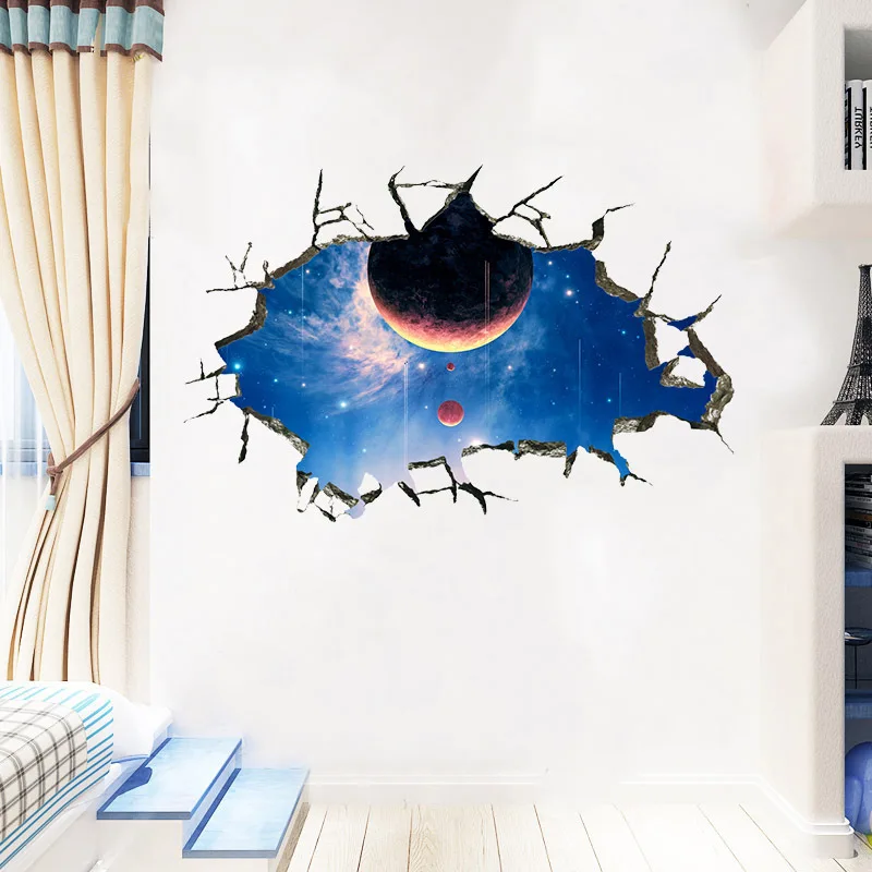 3D Broken Universe Planet Space Night Wall Stickers For Home Decoration Hole Mural Art Diy Kids Room Living Decals | Дом и сад