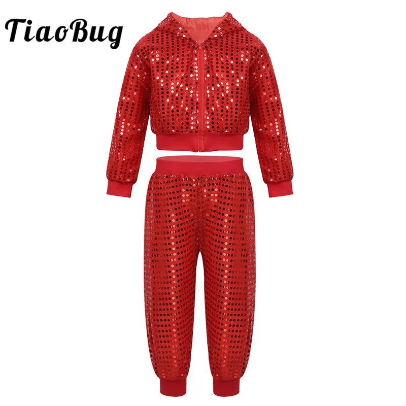 

Hip Hop Dance Clothes Shiny Sequins Stage Jazz Dance Costume Outfits Kids Boys Girls Tops+Pants Street Dancing Performance Set