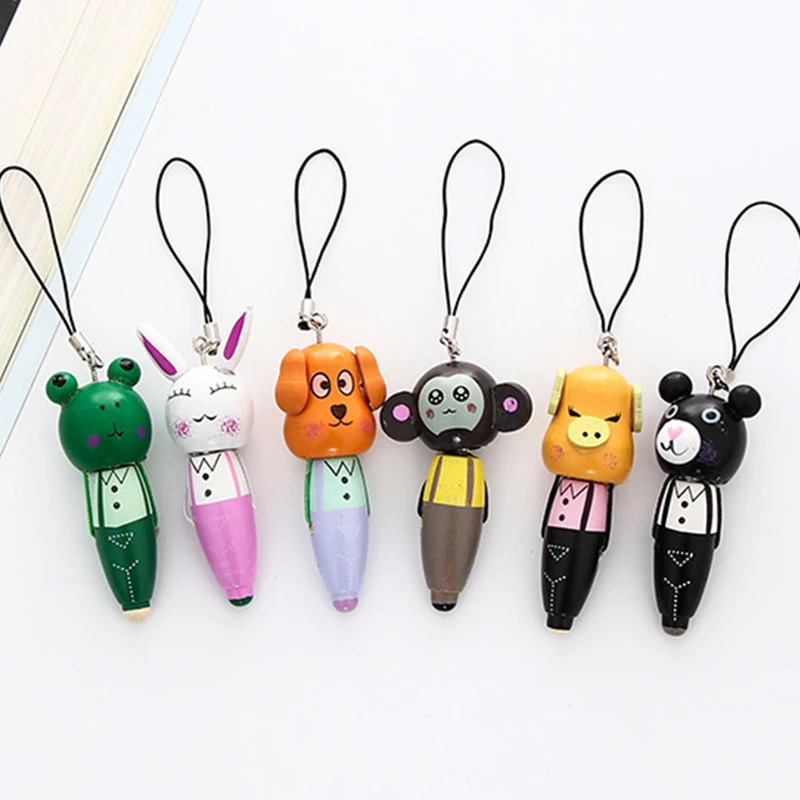 

1 Pcs Creative Mini Kawaii Wooden Cartoon Animal Portable Phone Chain Ballpoint Pen Office Material School Supplies Stationery