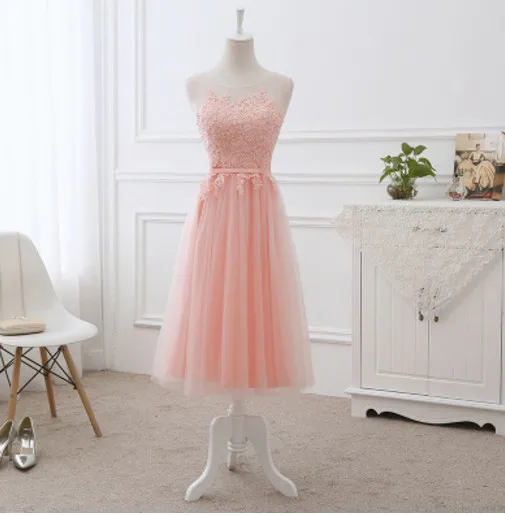 pink tea length Vestido De Noiva, новинка, розовое платье подружки невесты с длинными аппликациями, кружевное, прозрачное, с вырезом, сиреневое, элегантное, свадебное, выпускное, вечерние, торжественное платье - Цвет: pink tea length