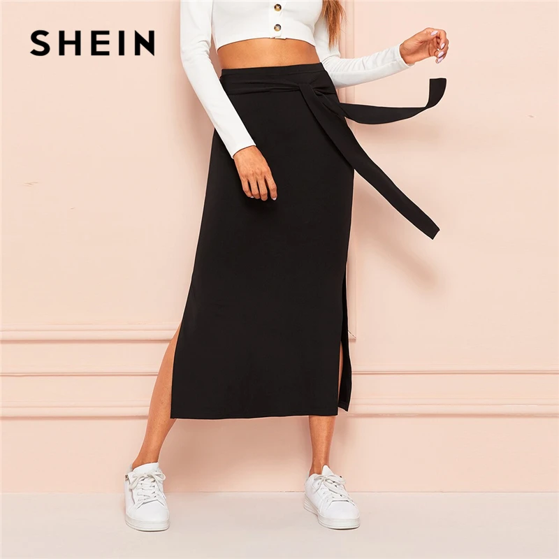 SHEIN Tie Waist Split Side Solid Skirt Black Full Length Knot Spring Autumn Shift High Waist Straight Sexy Skirt