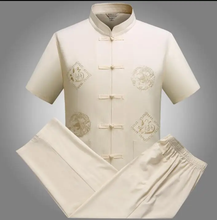 

Chinese tunic suit men suit set with pants tang suit set summer short-sleeve thin quinquagenarian vintage male blazer beige red