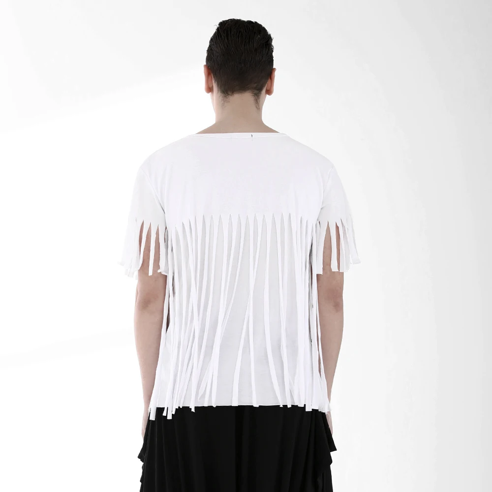 

Summer New Fashion Men's Black T-shirt Tassels Tops For Male Punk Wearing Casual Shorts Tees