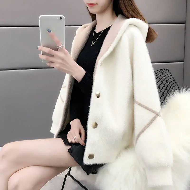 2019 Spring Autumn Fashion Women Long Sleeve Short Hooded Solid Knitting Coats Imitate Mink Villus Cardigan Sweater Clothes A09 |