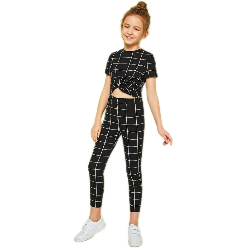 SHEIN/детский черный клетчатый топ со стоячим воротником и леггинсы повседневный комплект для детей г. Летние детские облегающие костюмы с короткими рукавами