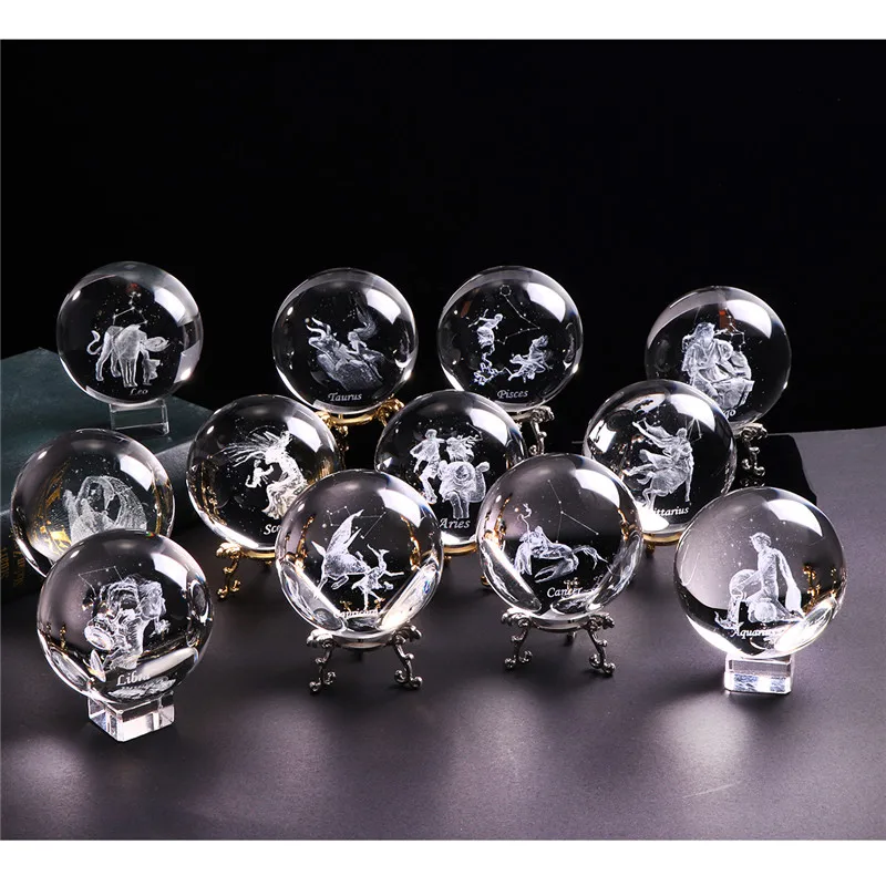 

60 MM 3D Zodiac Sign Star Crystal Ball Laser Engraved Glass Sphere Crystal Craft Home Decor Birthday Gift Ornament