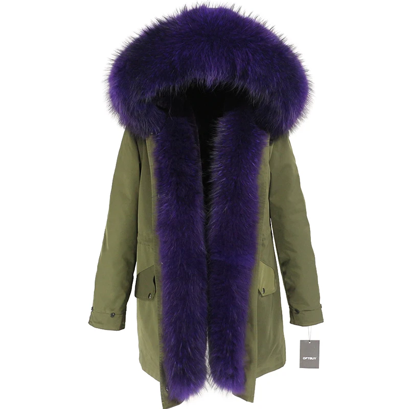 green purple Женская парка с мехом енота OFTBUY, черное водонепроницаемое пальто на меху, с большим капюшоном с отделкой из натурального меха енота, верхняя одежда со съемным мехом, зима - Цвет: green purple