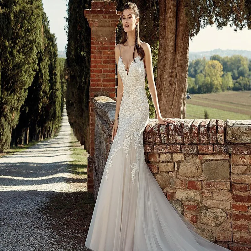 Женское кружевное платье-Русалка на бретельках богемное свадебное платье заказ