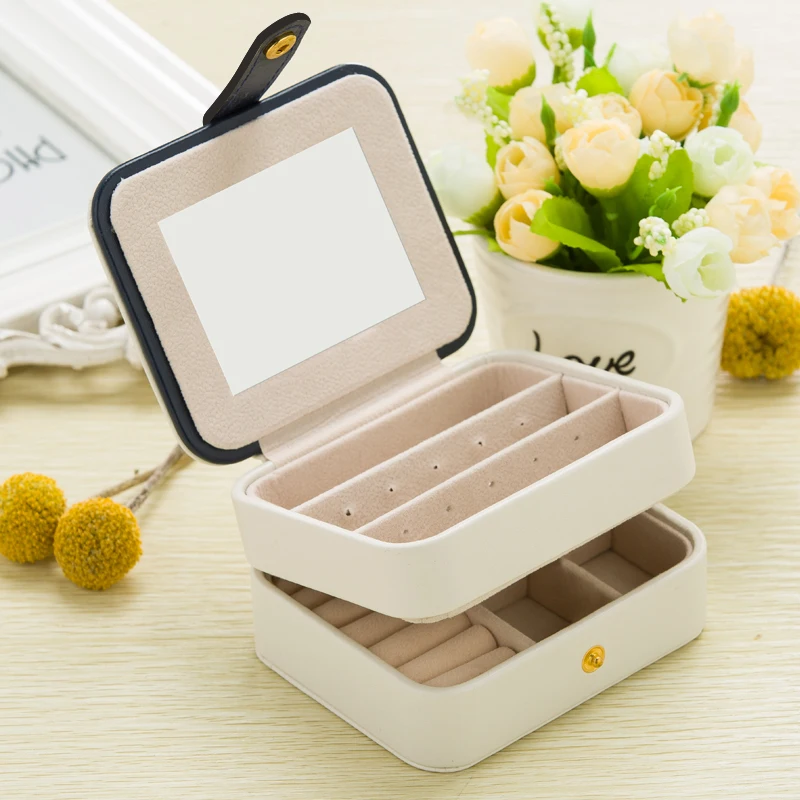 

VKStory Portable Travel Small Jewelry Box Multifunction Three Layers Storage Organizer Box with mirror Leather Box for Jewelry