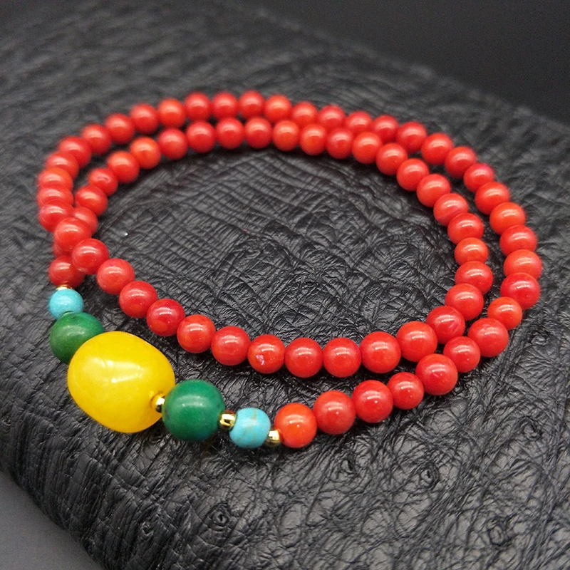 Shuangsheng 2019 new 5mm red coral 2 layer bracelet Natural stone and yellow natural beaded bohemian ethnic style religion |