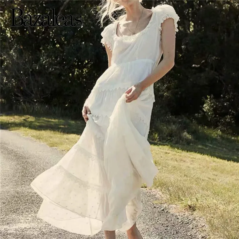 Bazaleas Vintage Cotton White women Long Dress Fashion summer Dress Beach Hollow Out vestidos Slim drop shipping