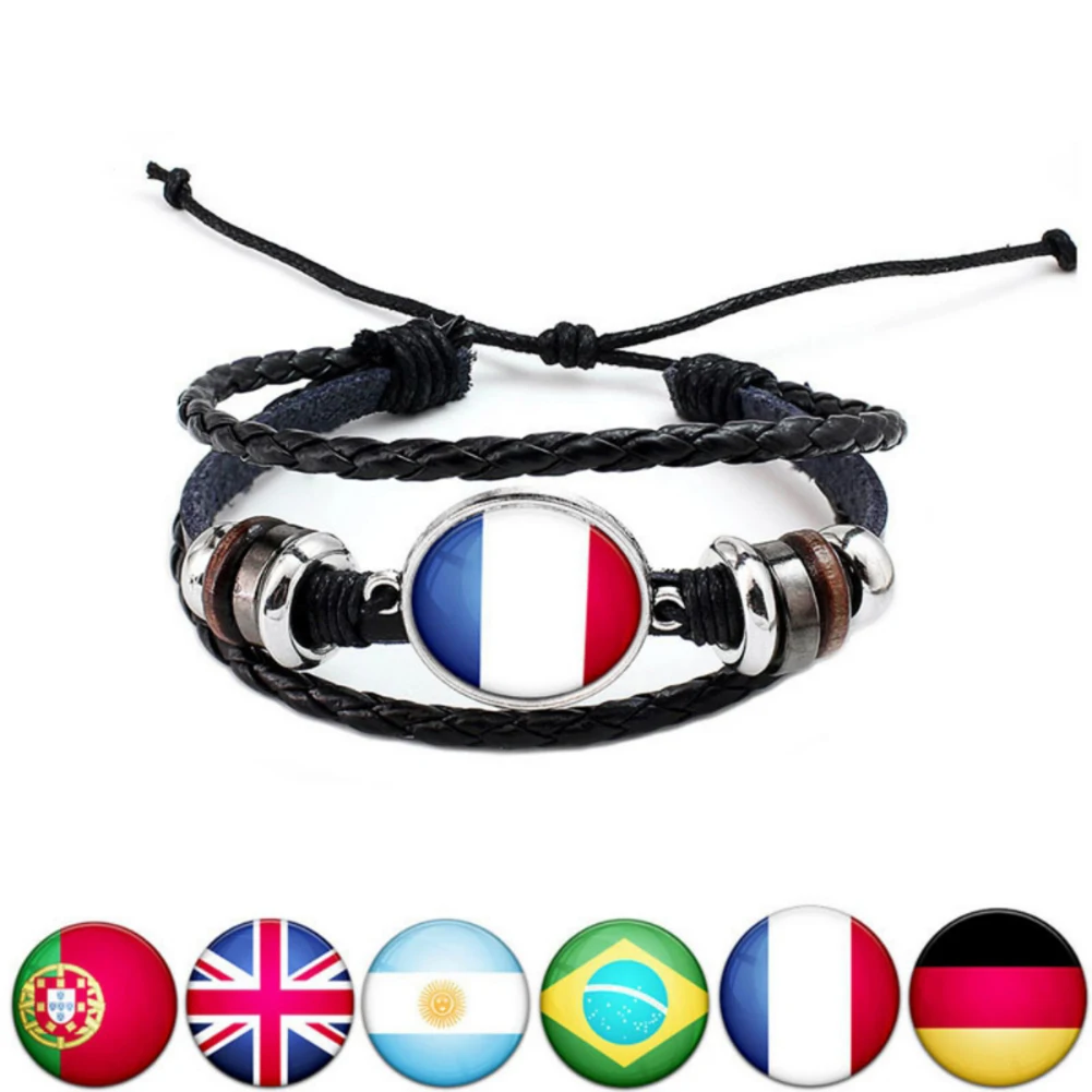 

National football Flags Charm Bangles Leather Braided Rope Beads Brazil mexico Russia spain usa