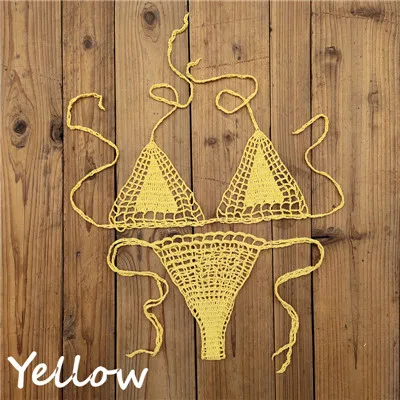 Цвет: желтый Кроше ручной работы Микро Бикини стринги Стринги пляжные микро Купальники сексуальное нижнее белье наборы 13 цветов - Цвет: Цвет: желтый
