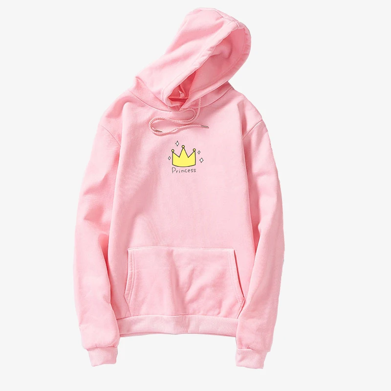 Harajuku Fleece Sweatshirts Women Pink Crown Print Kawaii Hoodies Long Sleeve Casual Loose Hooded Pullover Unisex Korean Clothes | Женская
