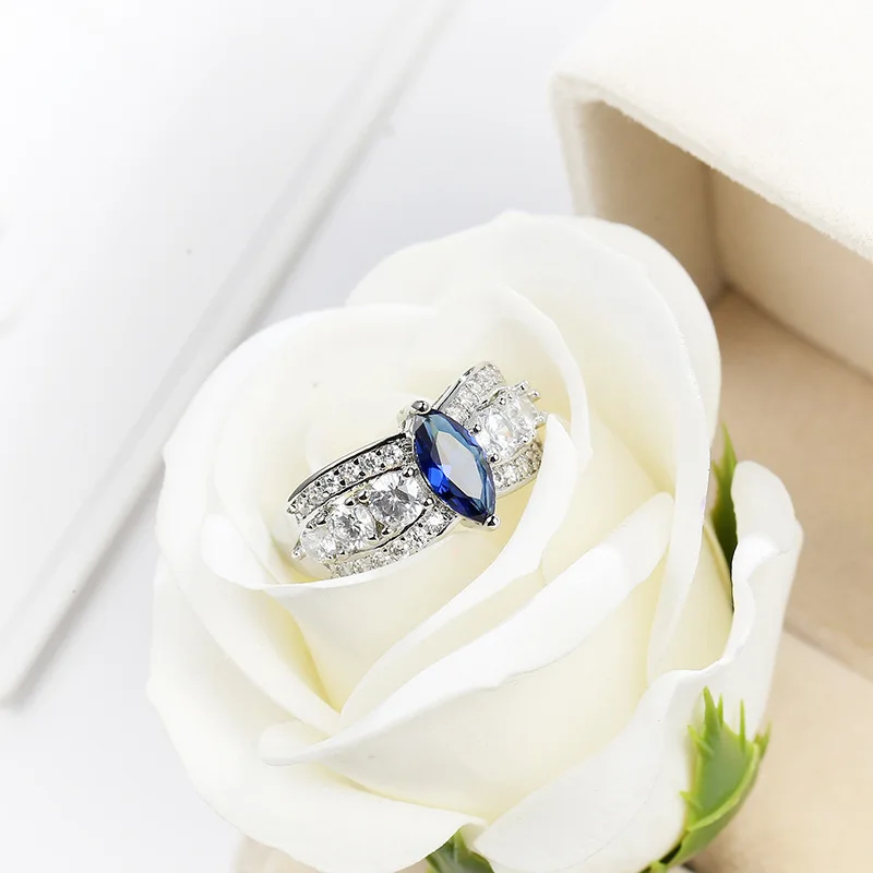 New Hot Fashion Luxury Dazzling Royal Blue Horse Eye Multi-drilled Shine Zircon Ring For Women Wedding Engagement Rings Gifts | Украшения и